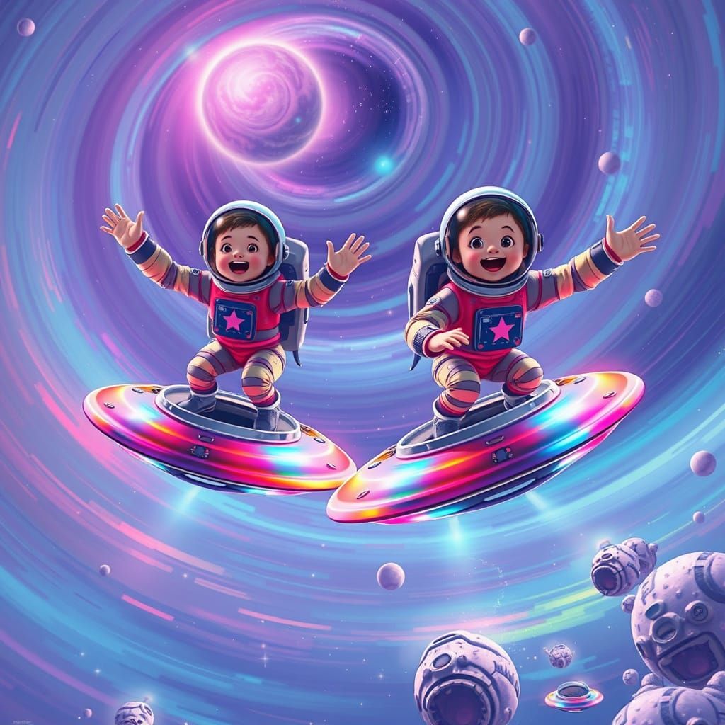 Vibrant Astronauts Soar on Iridescent Flying Saucers