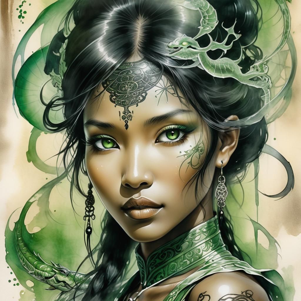 Ebony Woman Portrait with Green Eyes in Ink Illustration