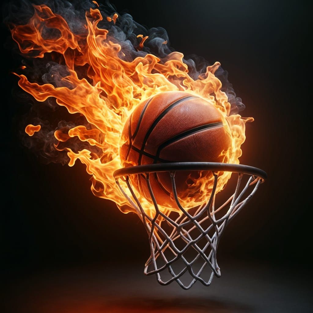 Photorealistic Flaming Basketball Swishes into Matte Black N...