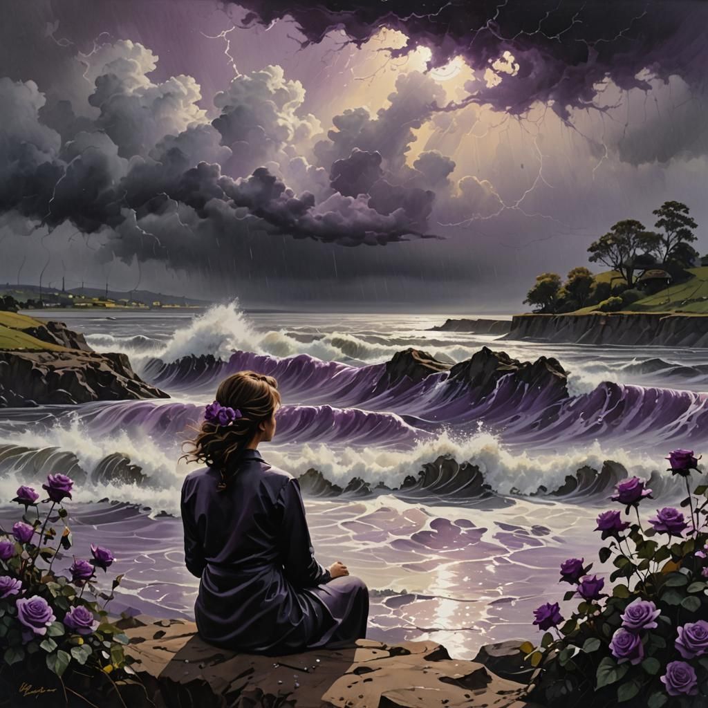 Dramatic Ink Painting of Woman by Riverbank