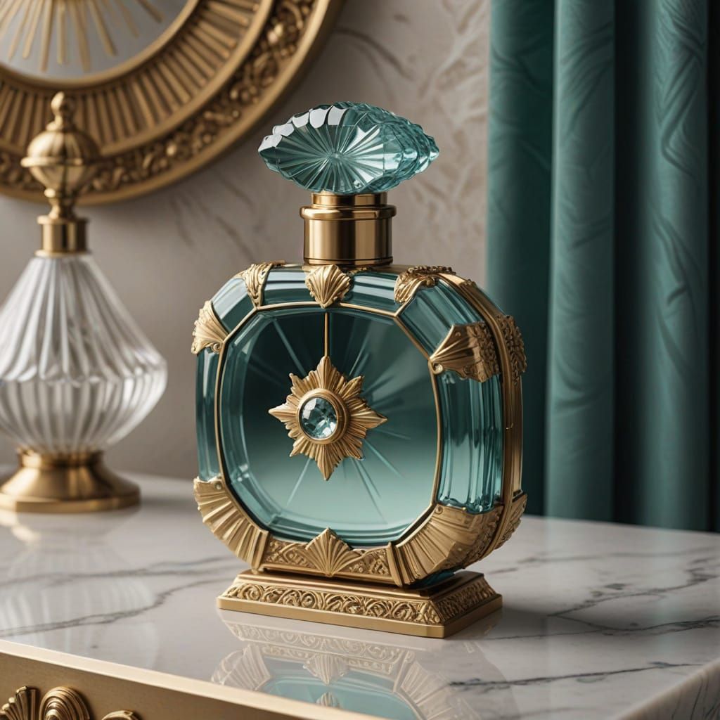 Elegant Art Deco Perfume Bottle in Aquamarine Glass with Bra...
