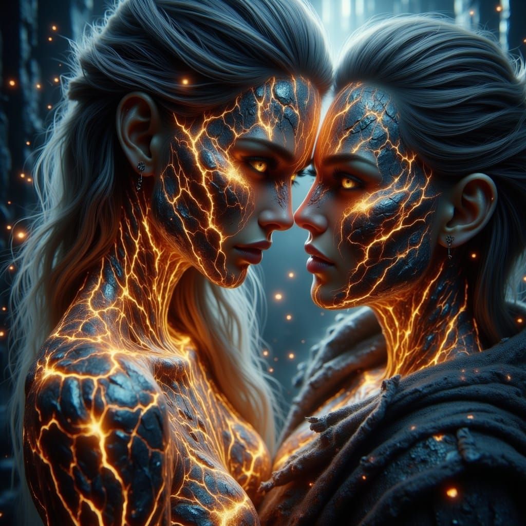 Glowing Norse Goddess and Viking Warrior in a Warm Embrace,...