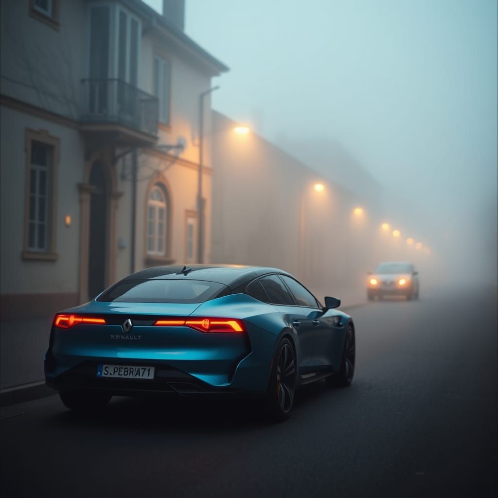 Blue Renault Concept Car on Misty Morning Street