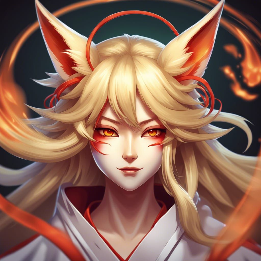 Blonde Kitsune Youkai Portrait in Hyperdetailed Style