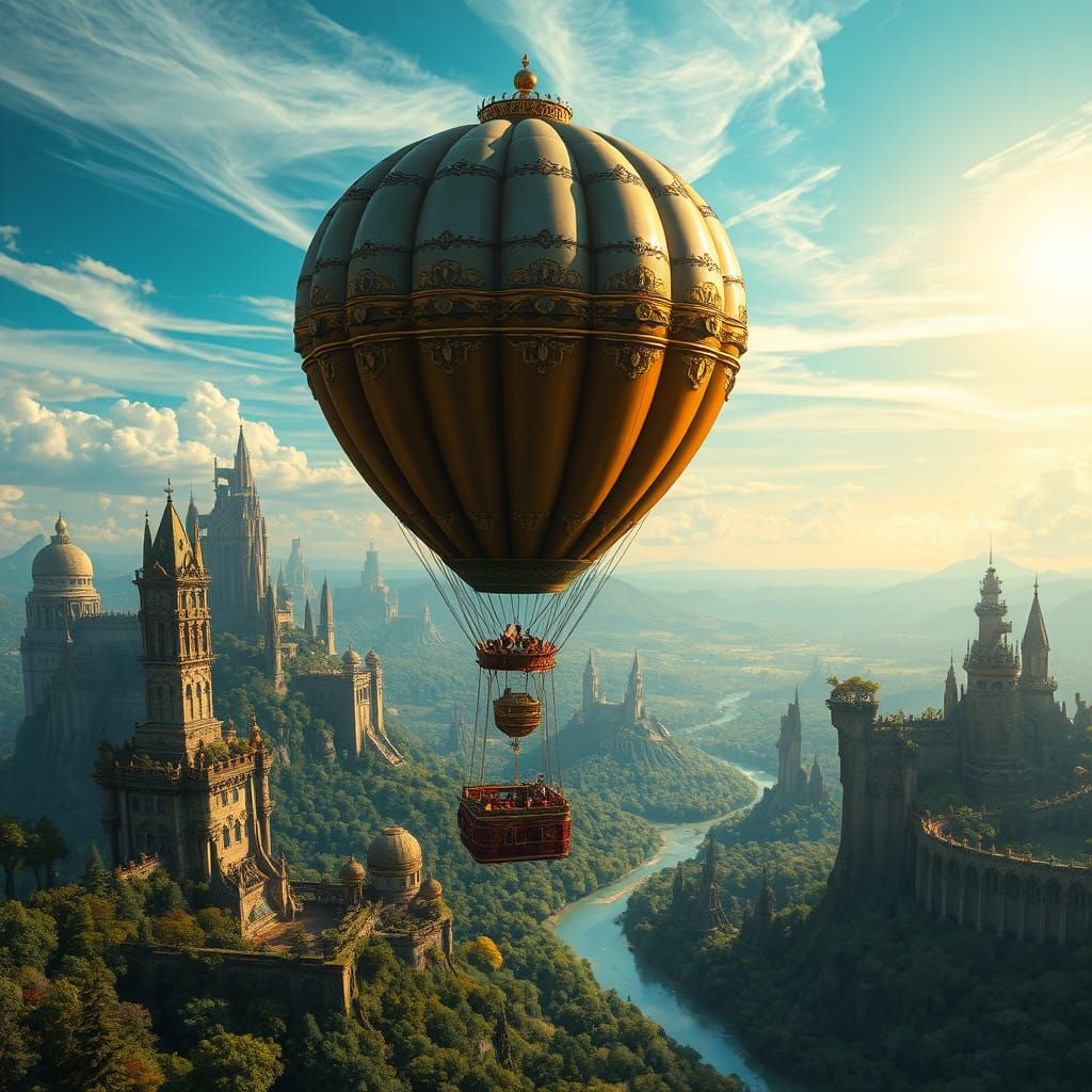 Surreal Steampunk Hot Air Balloon Soars Over Vibrant Mystica...