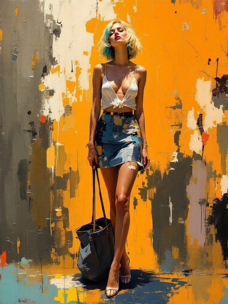 Pin-Up Woman with Teal Hair in Textured Impasto Style