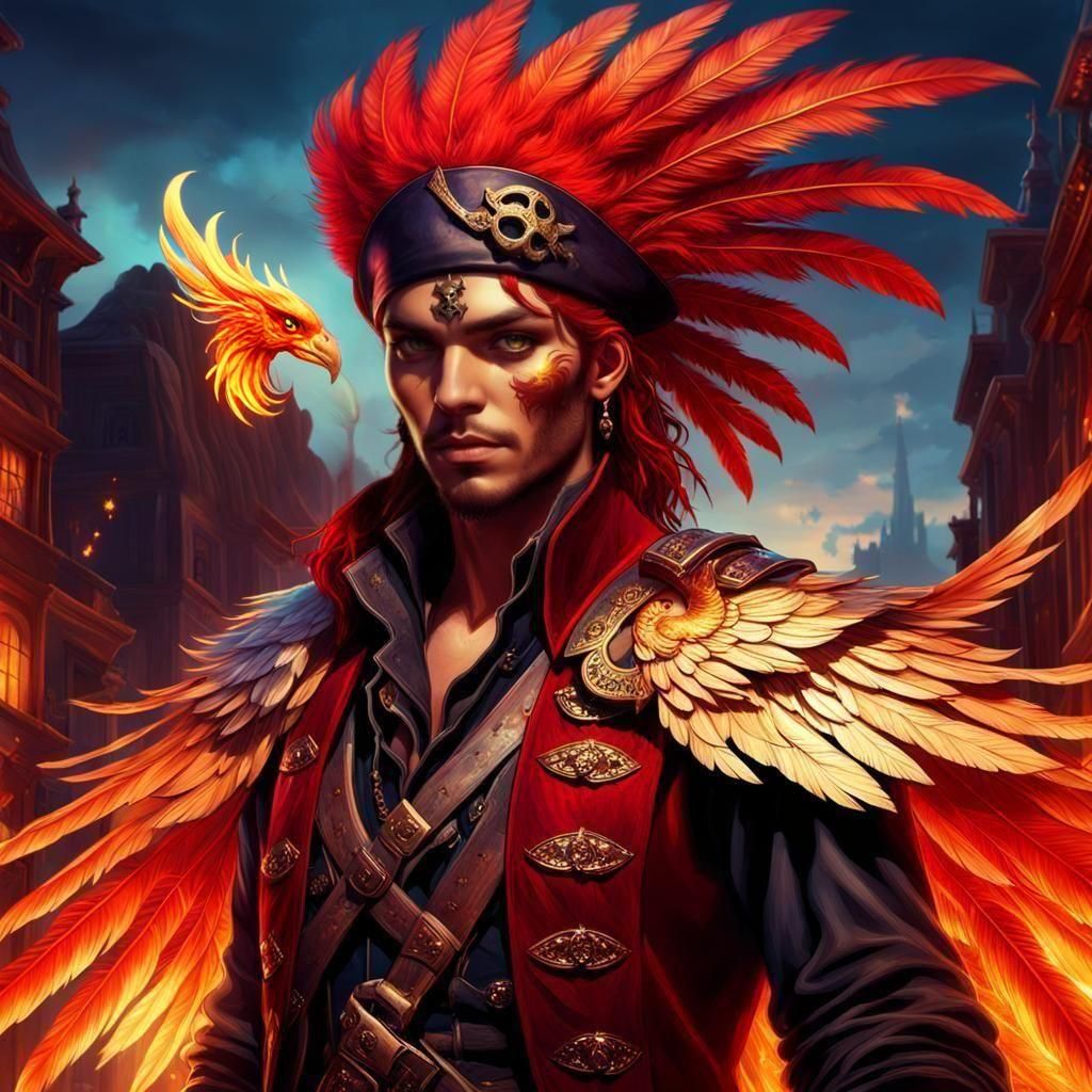 Fiery Pirate: Young Phoenix-Winged Buccaneer in Detailed Art