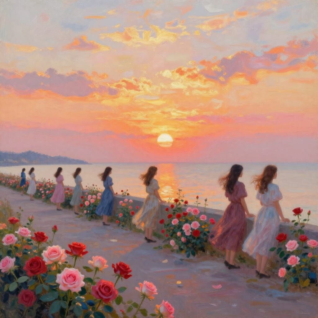 Romantic Impressionist Sunset Over Rose-Strewn Coastal Walkw...