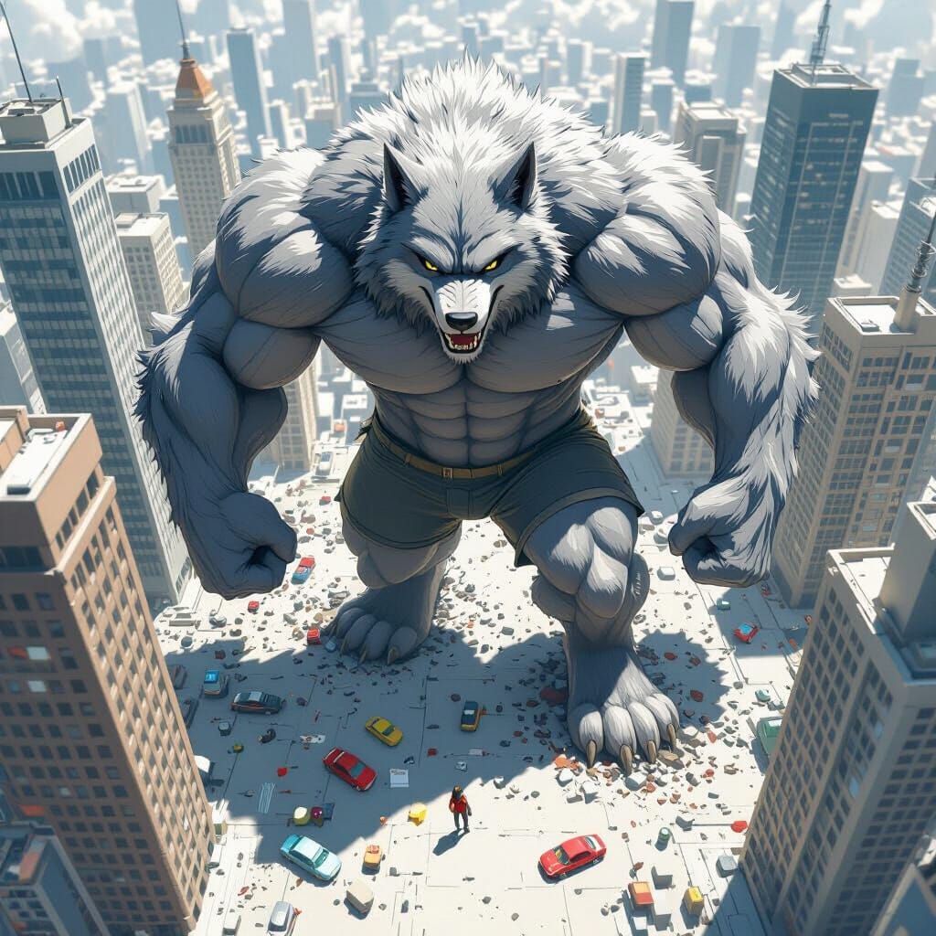 Colossal Wolf Dominates Miniature City in Anime Style