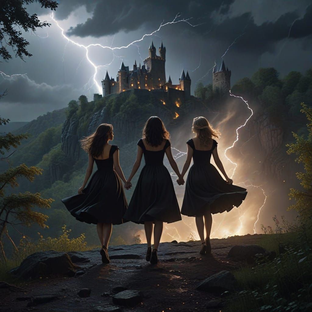 Witches Dance on Hilltop Castle at Night