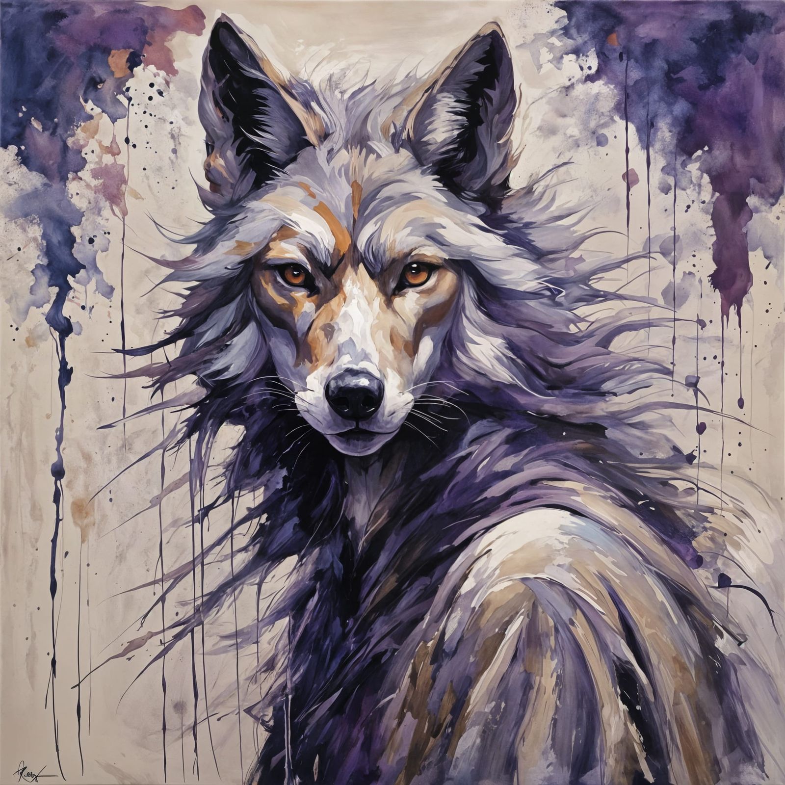 Abstract Painting of a Humanoid Wolf in Bold Colors