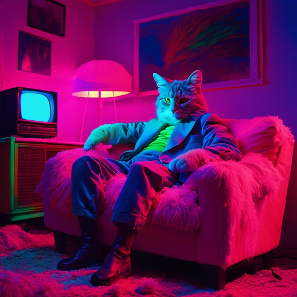Neon Cat Watching TV in Eighties Impasto Style