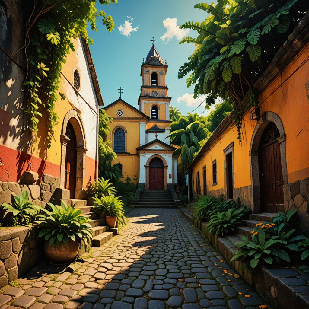 El Salvador Church on Cobbled Lane: Digital Art