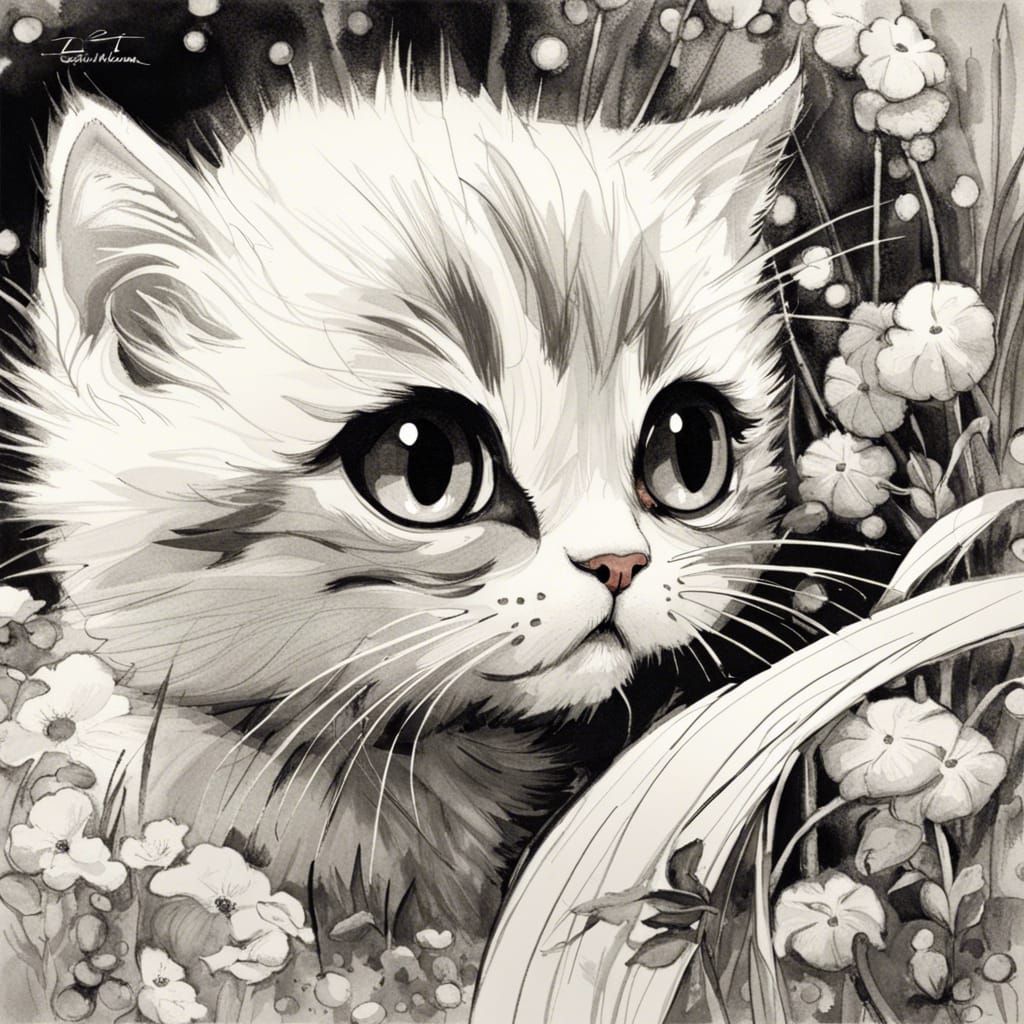 Chibi Cat in Garden: Impressionistic Black Ink Drawing