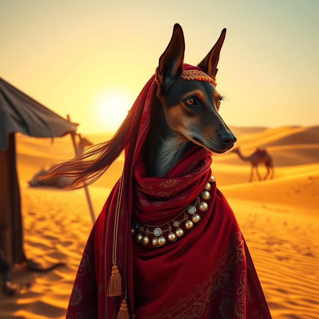 Regal Saluki in Desert Kaftan, Silken Ears Flowing with Wind