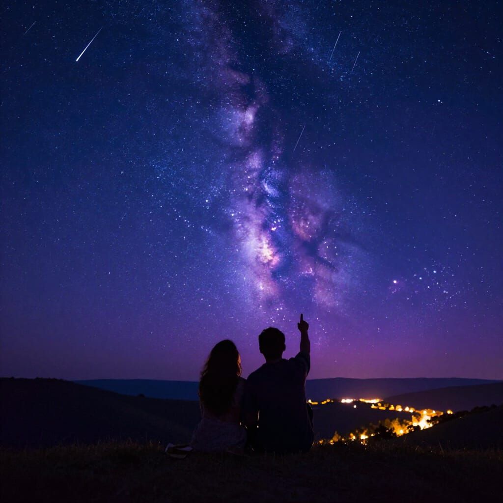 Couple Watches Meteor Shower Under Starry Night Sky