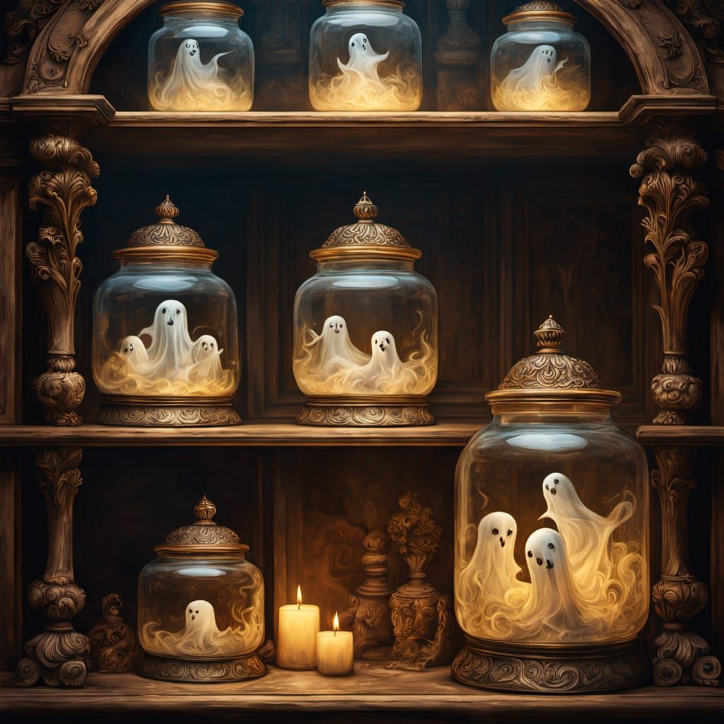 Baroque Library Shelf With Ethereal Ghosts in Jars