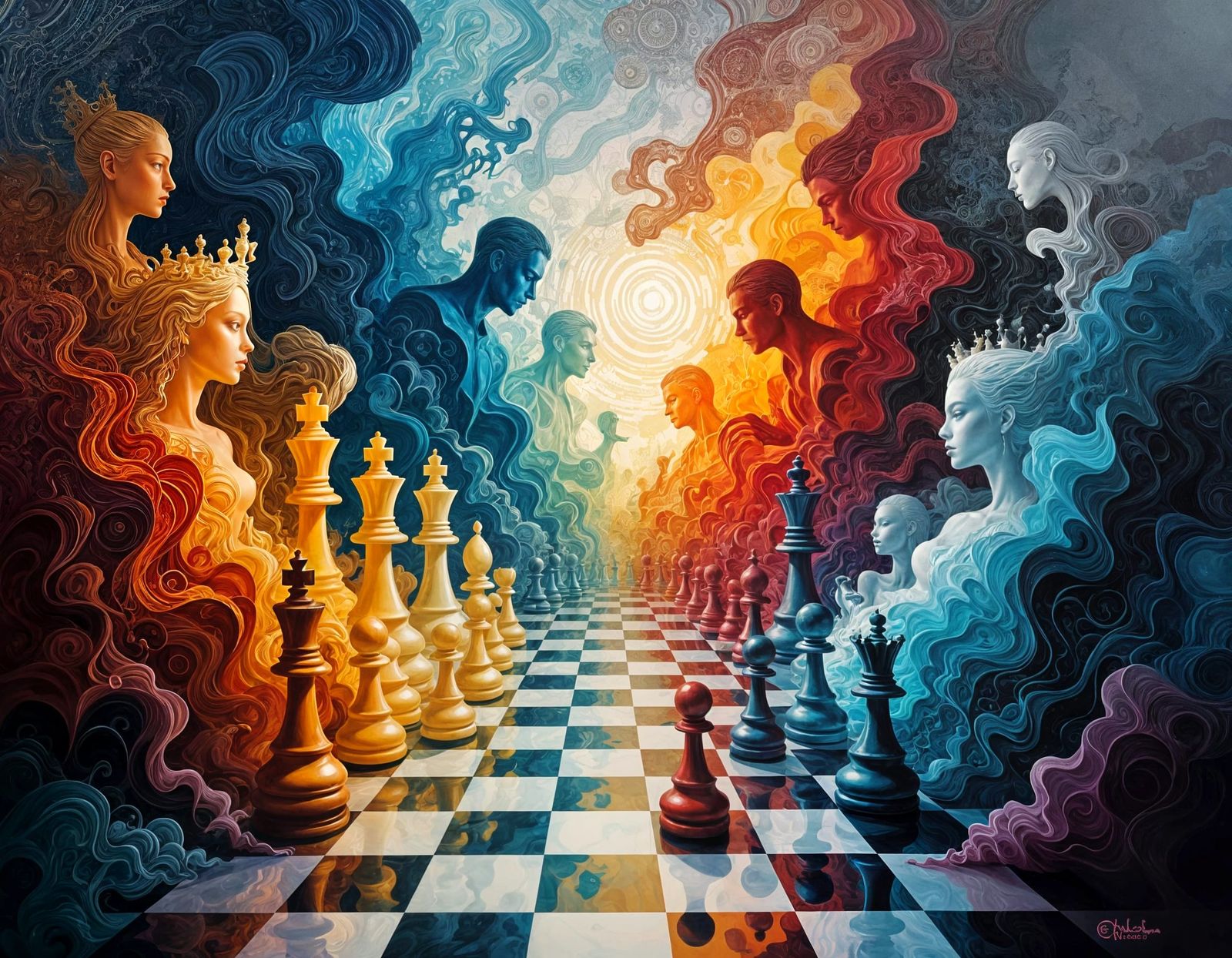 A captivating abstract scene unfolds with surreal chess elem...