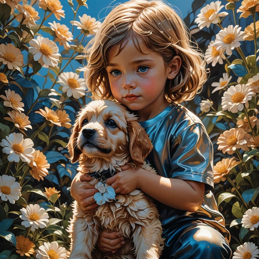 Child and Puppy in Golden Light: 3D Splash Art