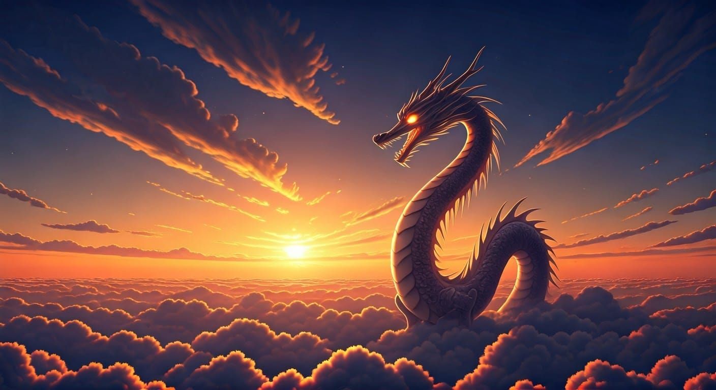 Ethereal Cloud Dragon Soaring at Sunset