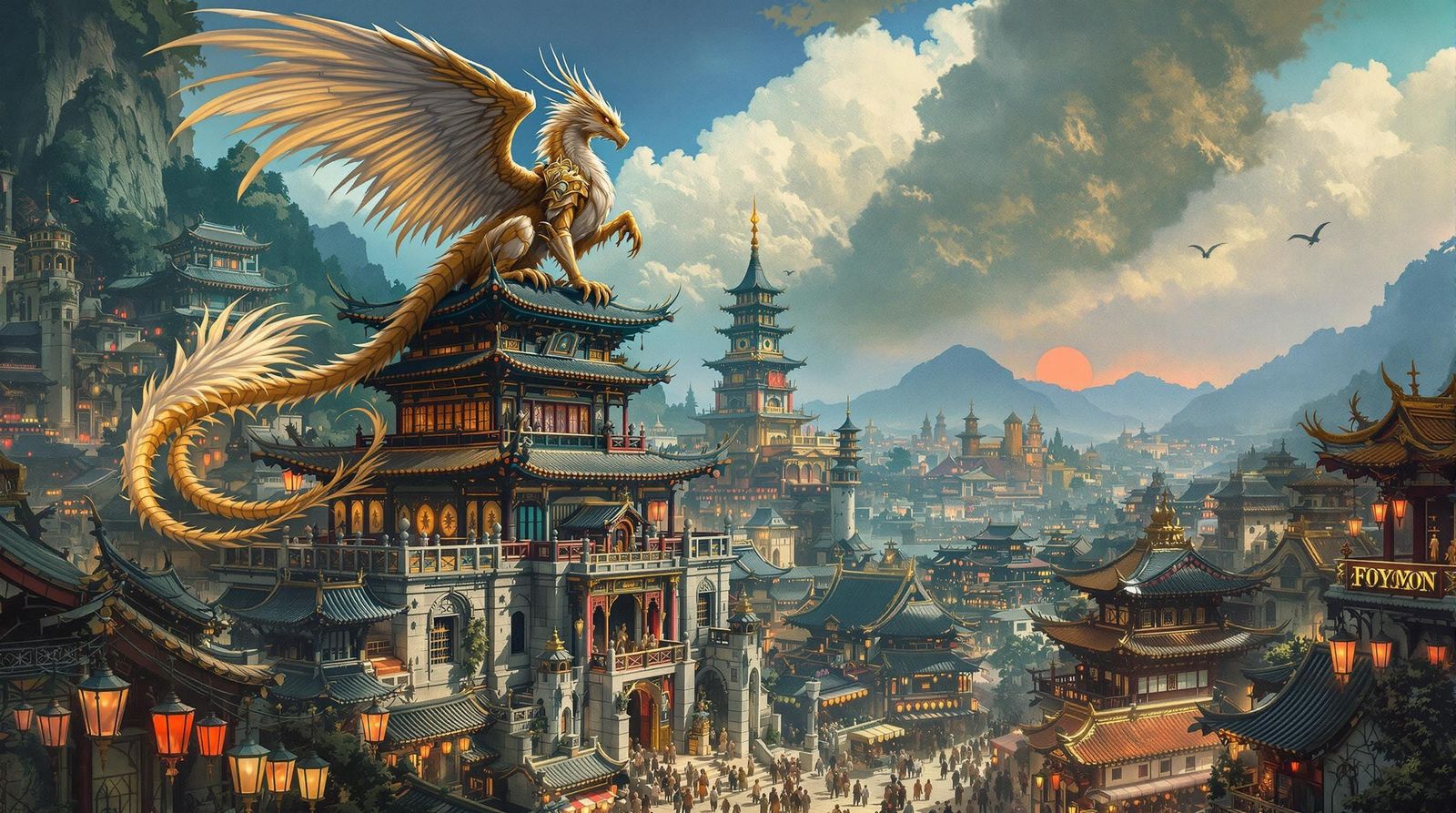 Armored Griffin Perched Atop Pagoda Castle