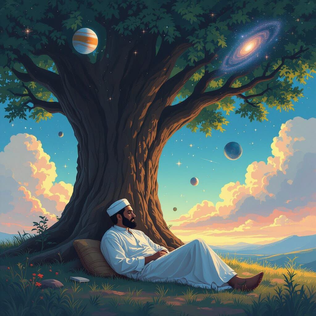 Man Resting Under Tree with Universe Backdrop