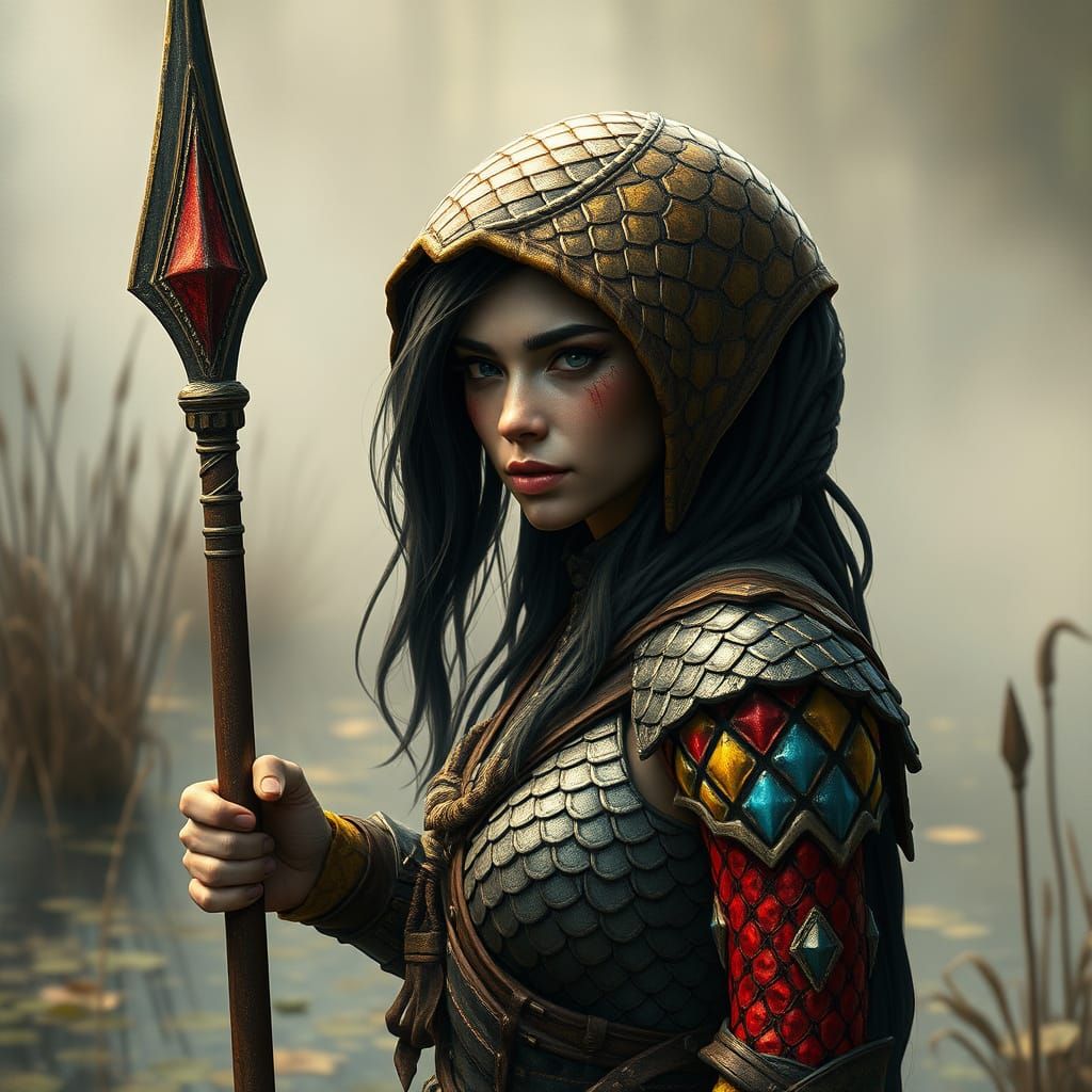 Anamorphic Serpent Warrior in Misty Marshlands