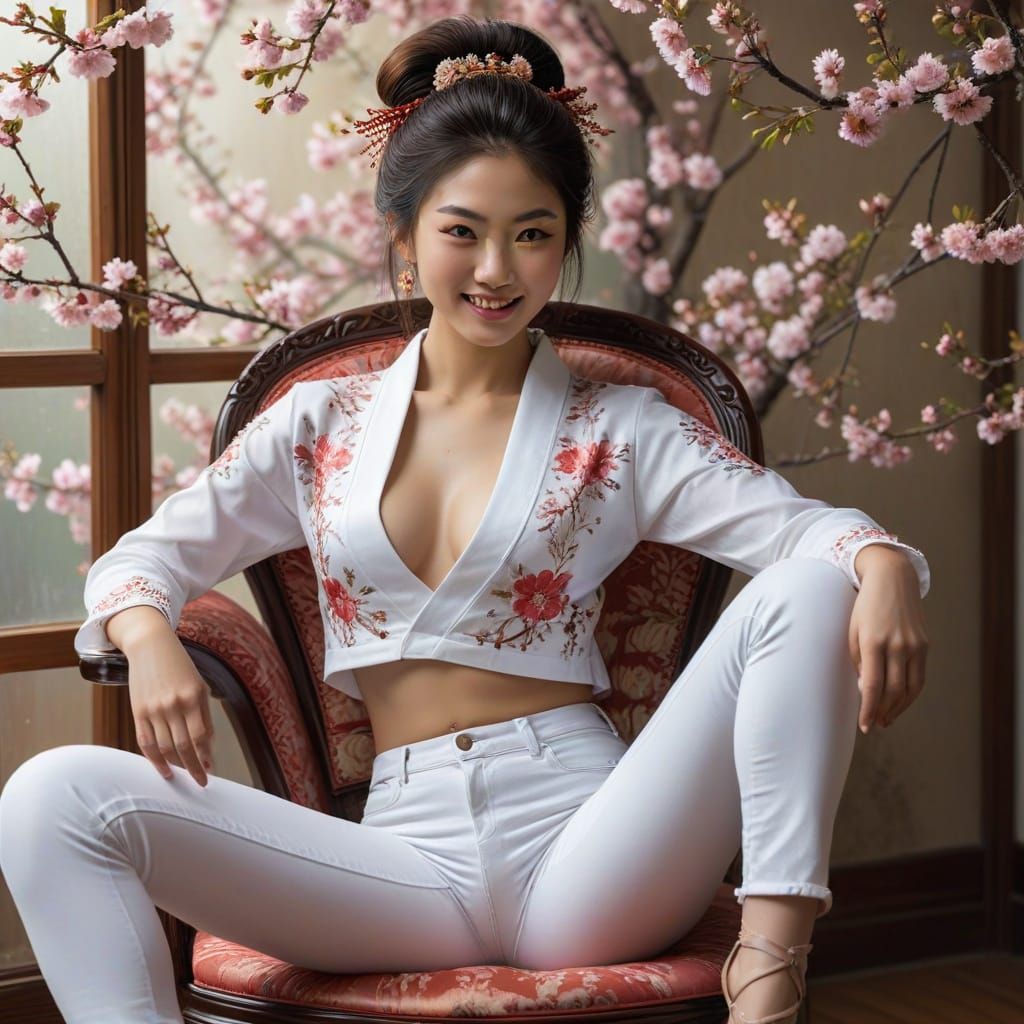 Smiling Geisha in Jeans with Cherry Blossoms