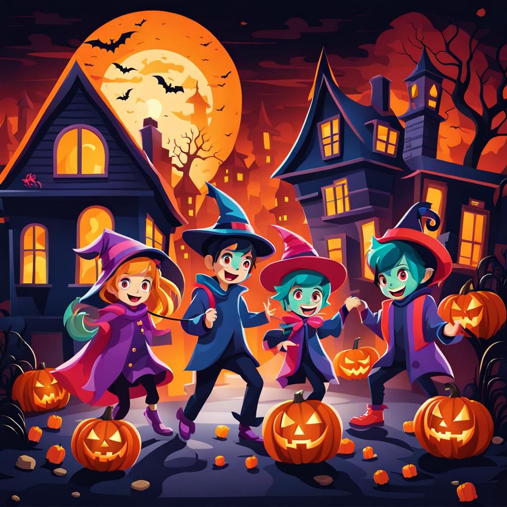 Halloween Trick-or-Treaters in Abstract Vector Art