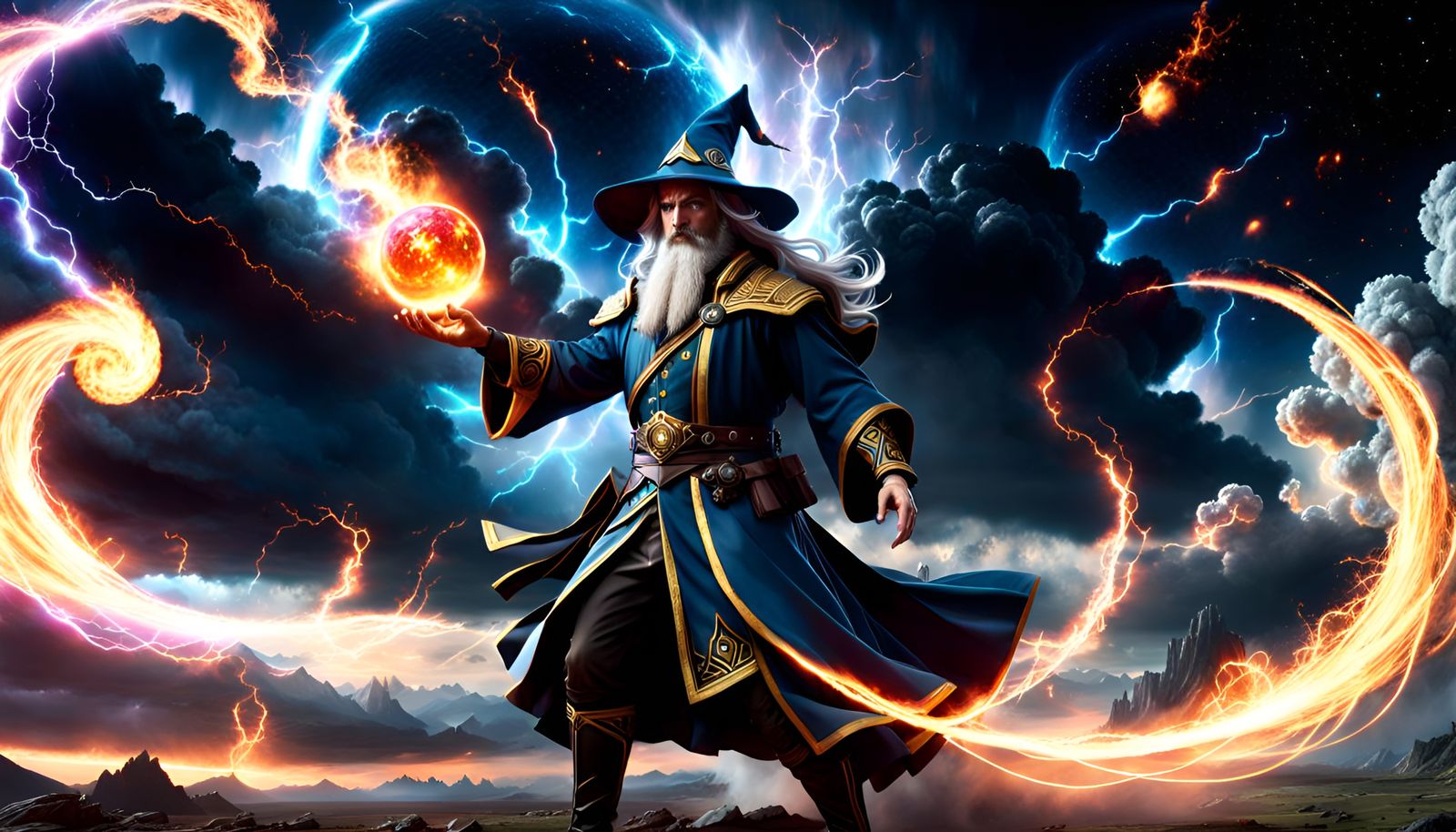 Wizard Casting Fireball Spell in Dark Fantasy Scene