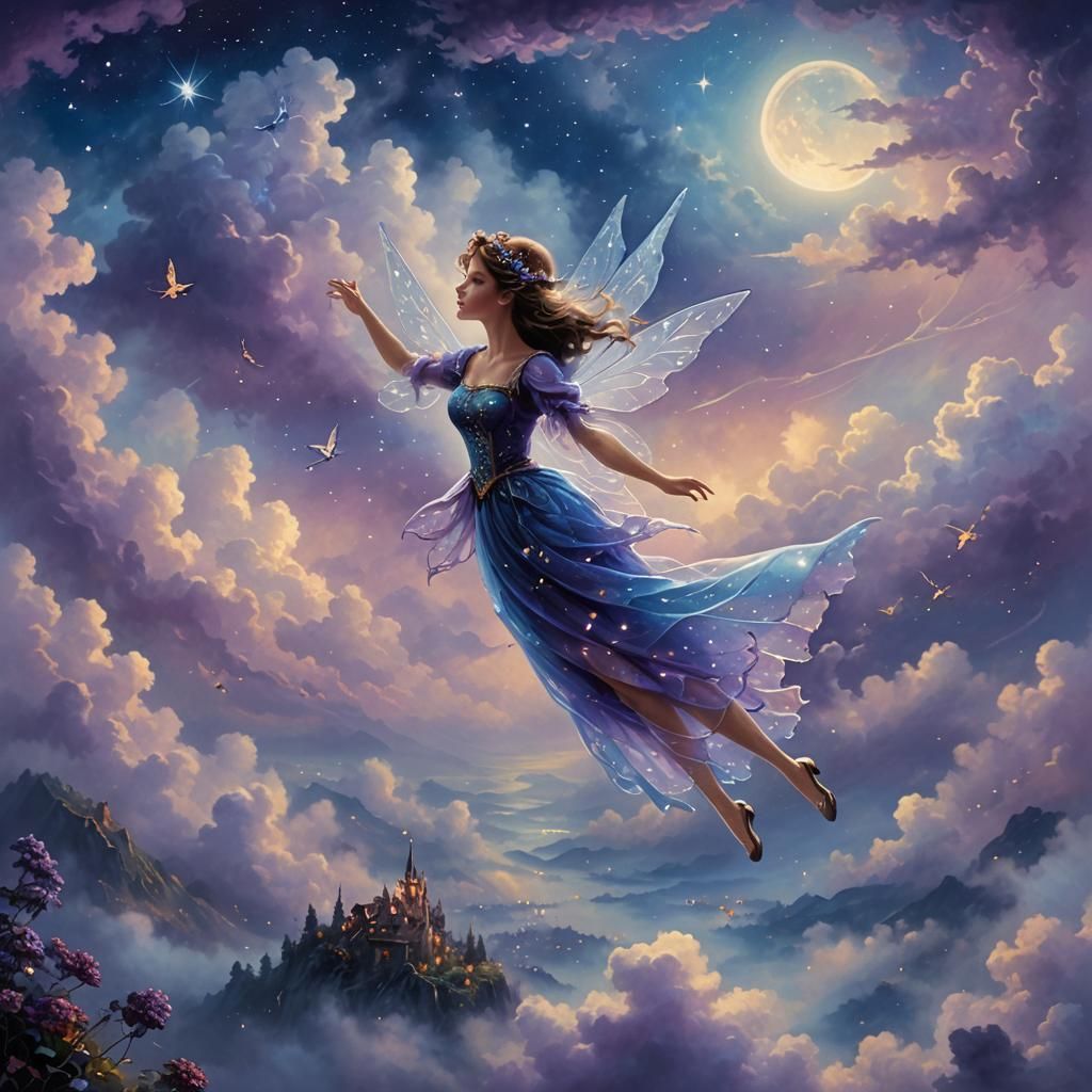 Ethereal Fairy Flight Above Night Clouds