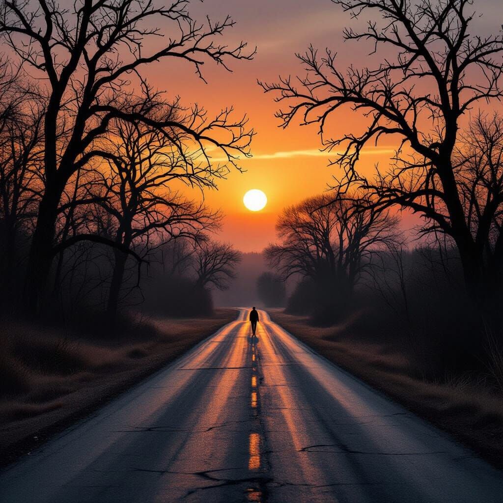 Melancholic Autumn Dusk: Lonely Road Under Bare Tree Branche...