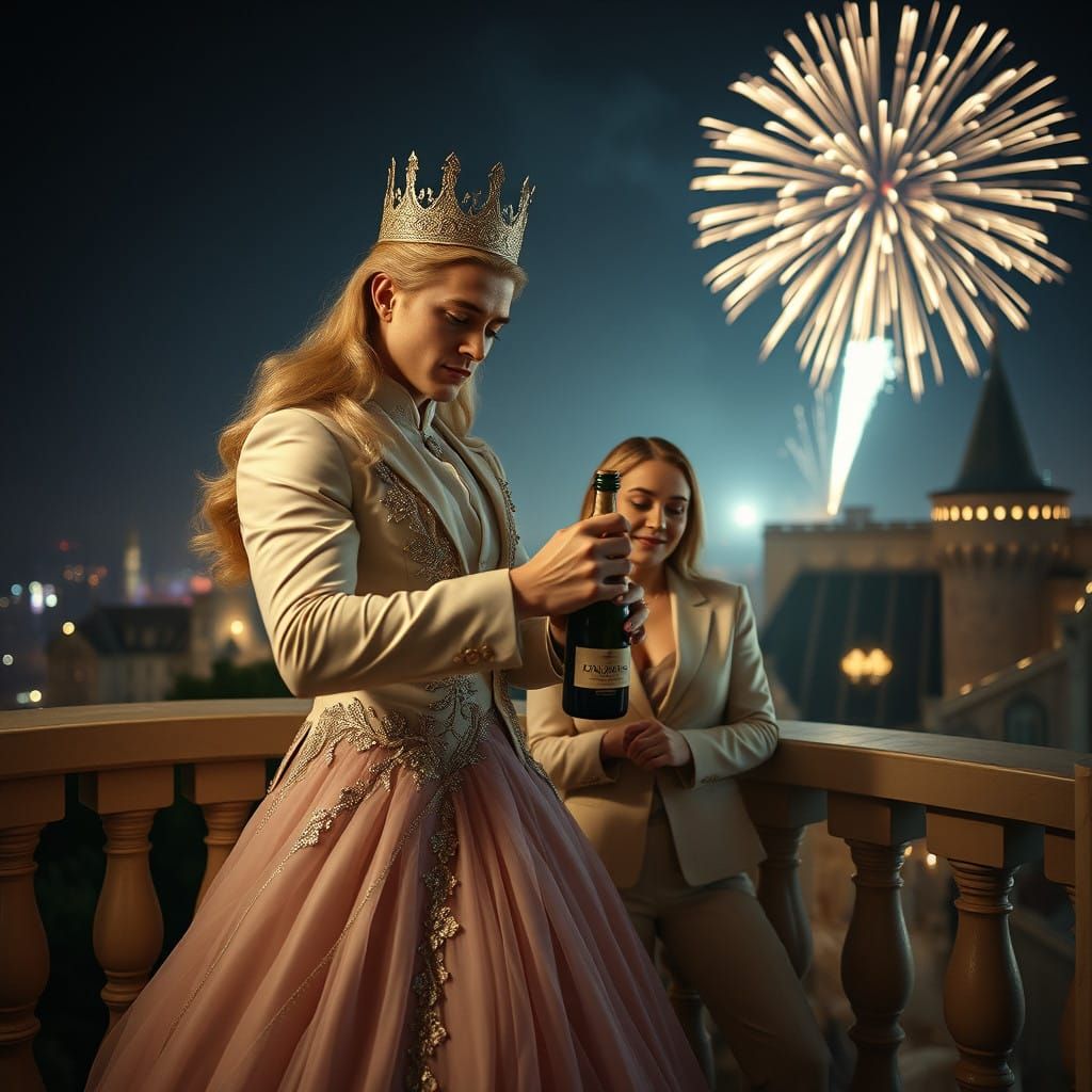 Regal Man in Princess Gown Opens Champagne Under Fireworks