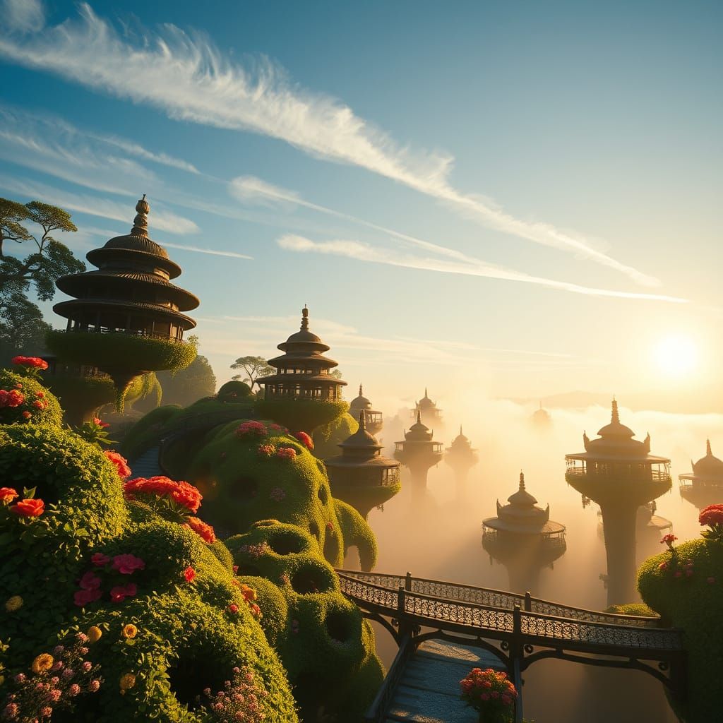 Floating Gardens in Golden Sunlight, Cinematic Style