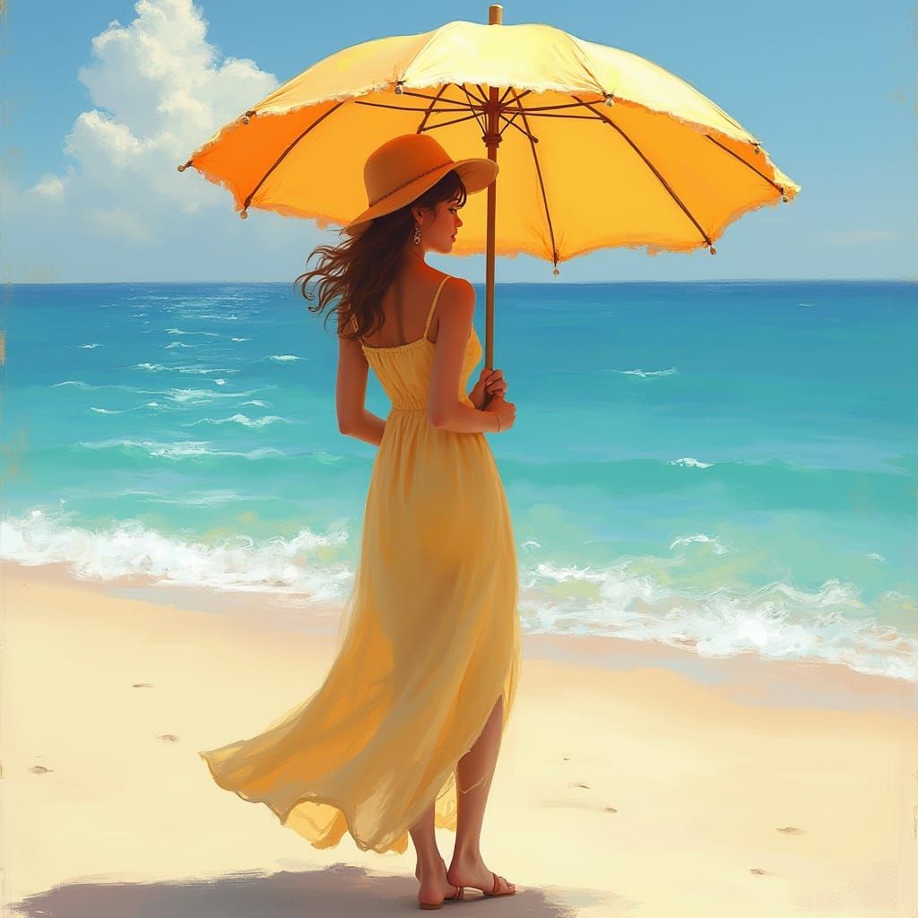 Woman on Beach with Umbrella in Impressionist Style