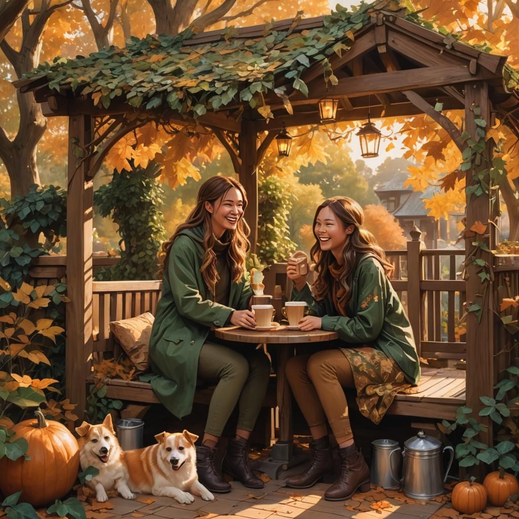 Fantasy Art: Girls Laughing in Autumn Gazebo