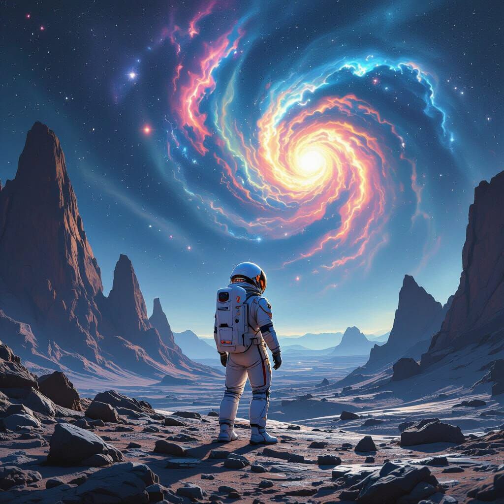Astronaut Gazing at Nebula on Alien Planet