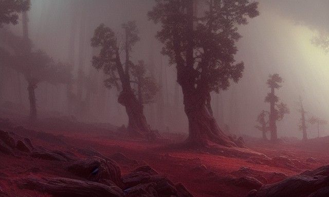 Eerie Coniferous Forest on Mars in Synthwave Style