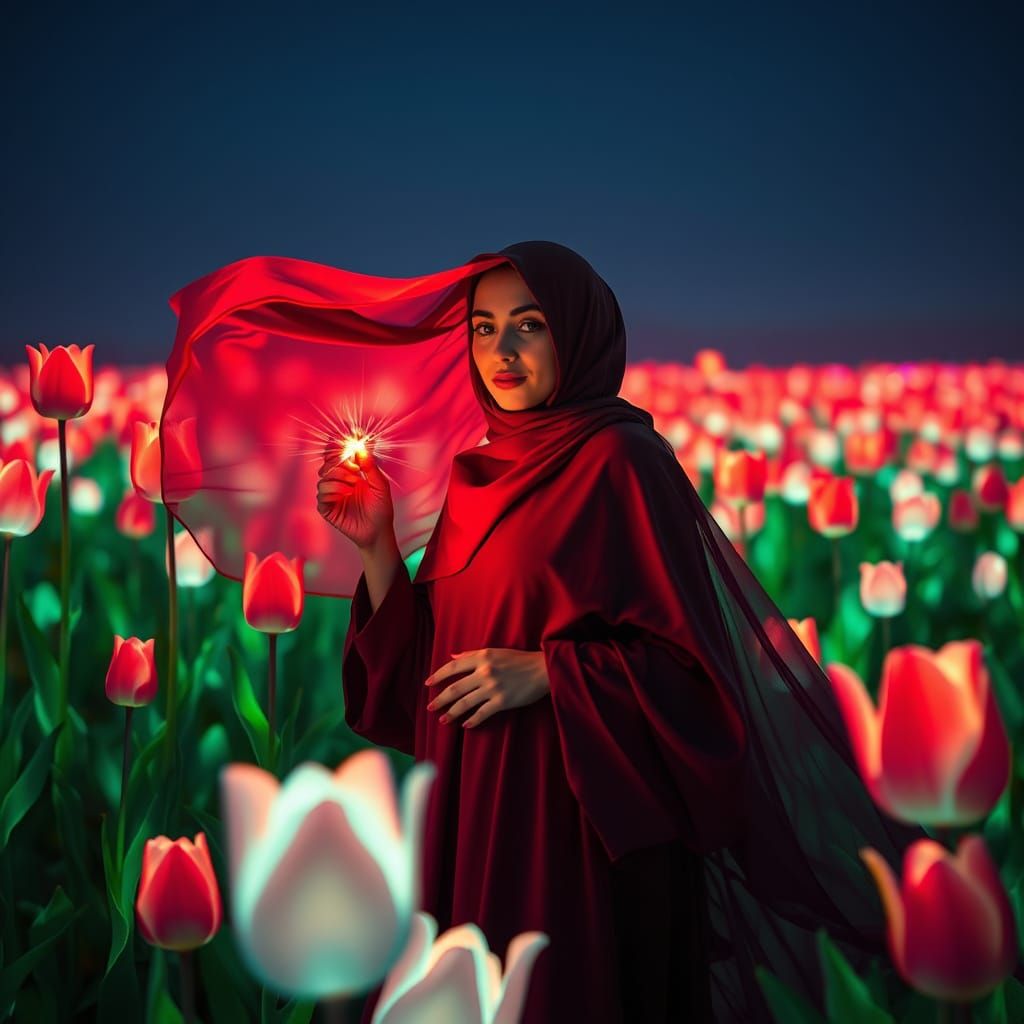 Bioluminescent Tulips and Iranian Woman, Digital Art