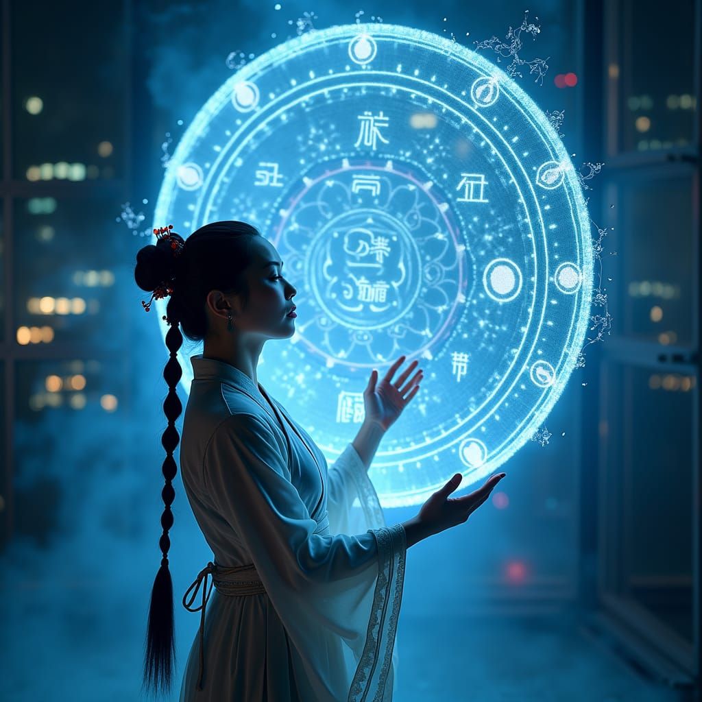 Woman Manipulating Holographic Bagua in Futuristic Cityscape