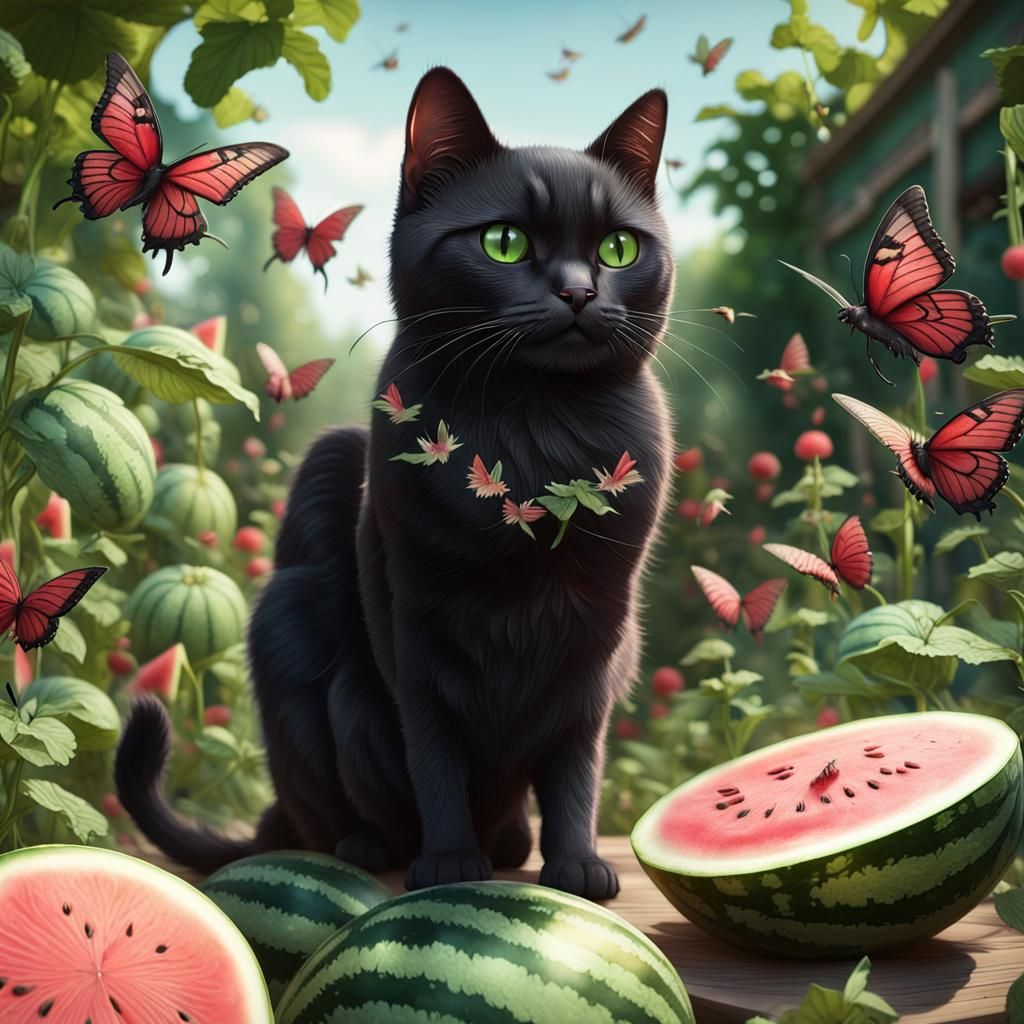 Cat in Watermelon Garden, Fantasy Concept Art