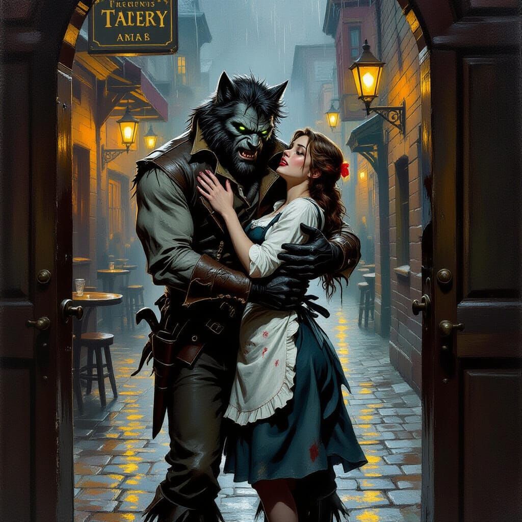 Lone Wolfman with Tavern Waitress in Oil Painting Style