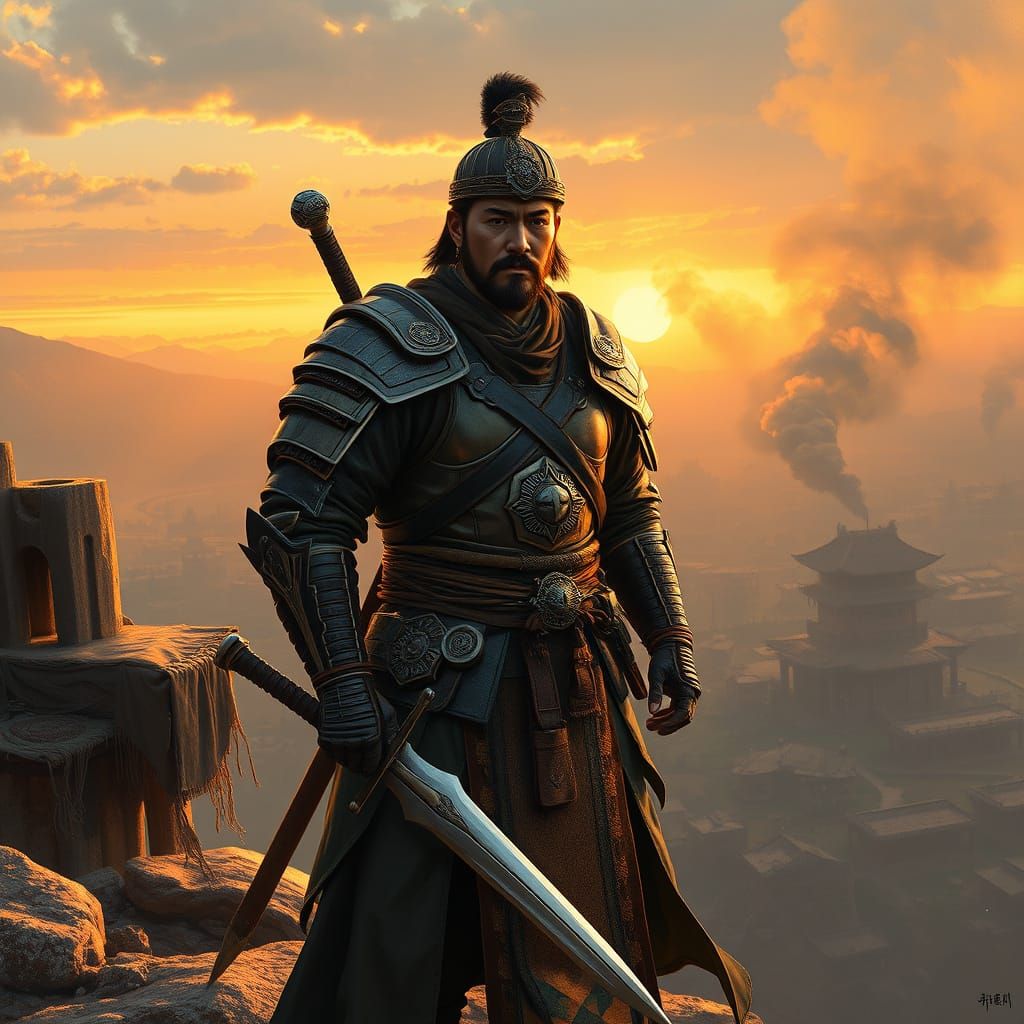 Korean Warrior Overlooking Battlefield at Dawn