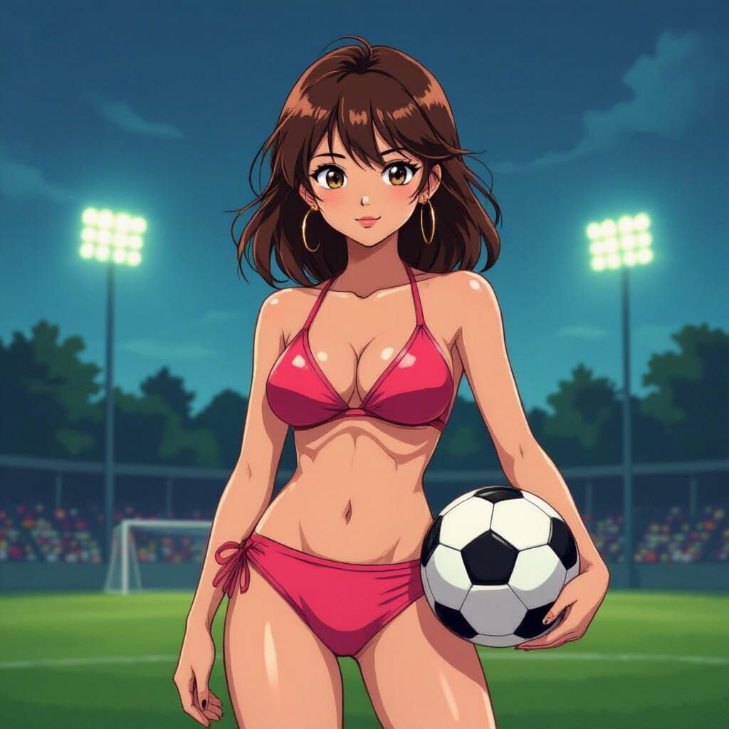 Anime Girl in Pink Bikini on Soccer Field
