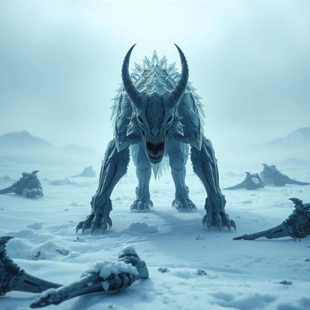 Icy Cerberus in Snowy Clearing