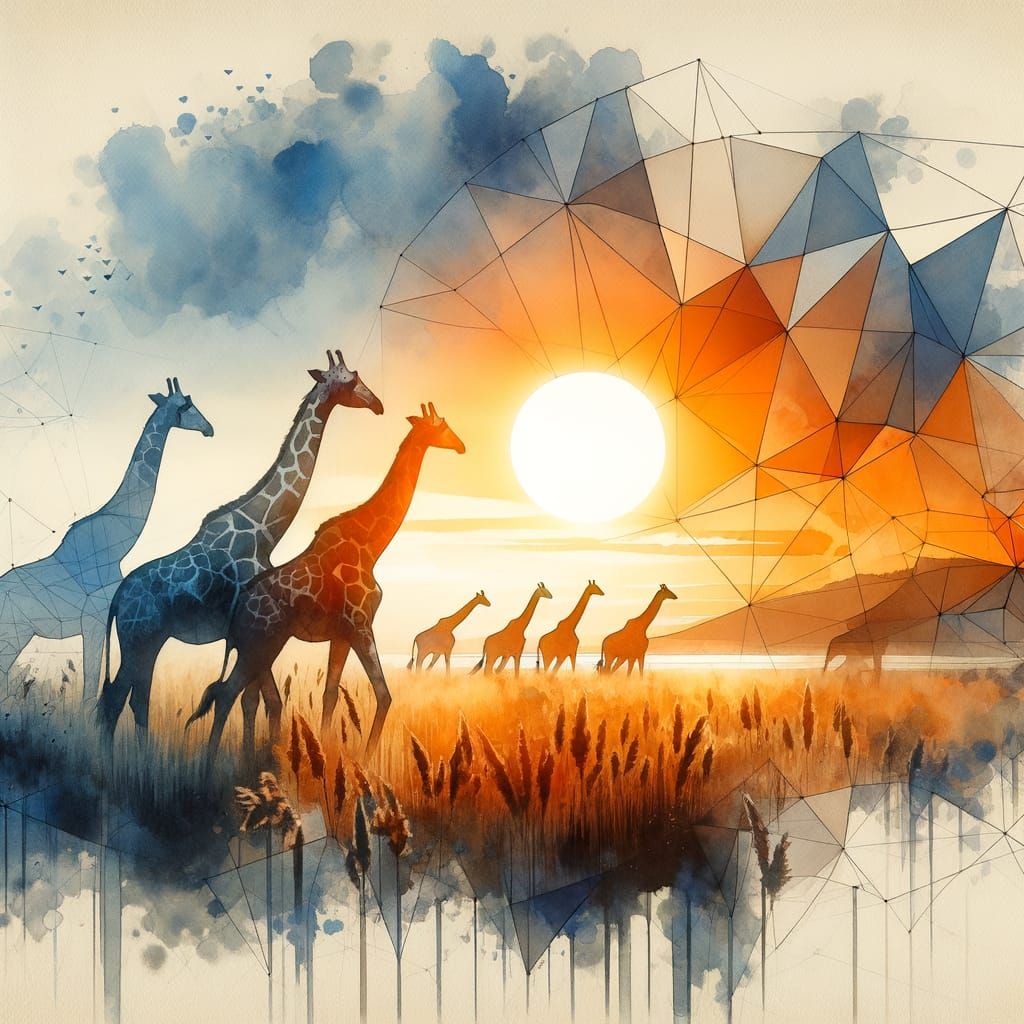 Giraffes on Serengeti at Sunset in Watercolor Style