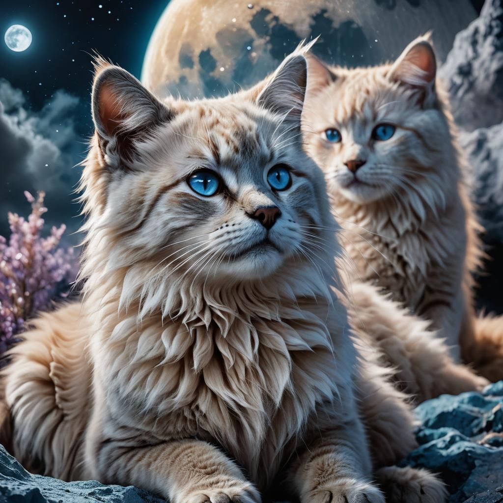 Lunar Comfort: Crying Woman with Ethereal Cats