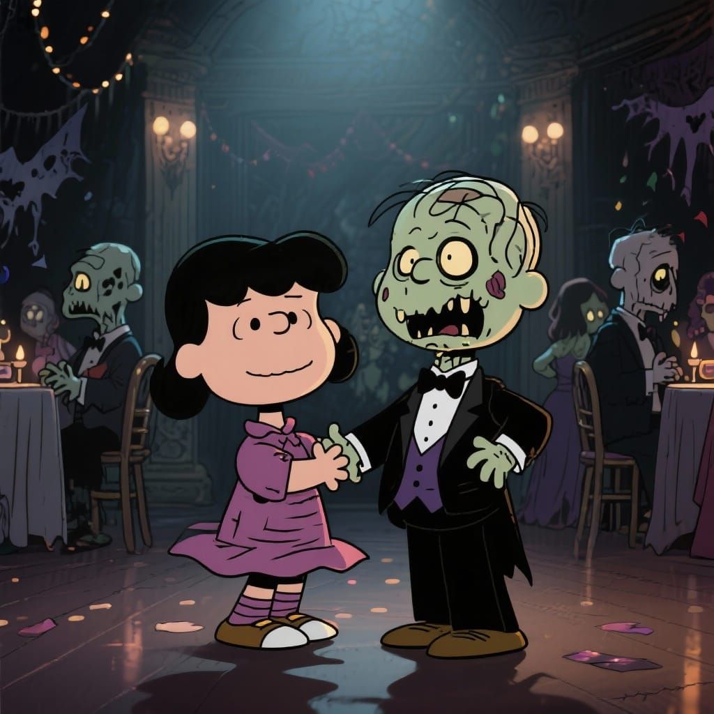 Peanuts Characters at a Zombie Formal Dance in Cartoon Style