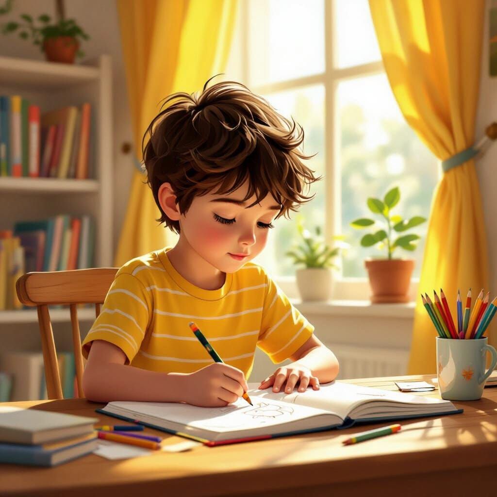 Boy Drawing in Sunny Room, Cartoonish Style