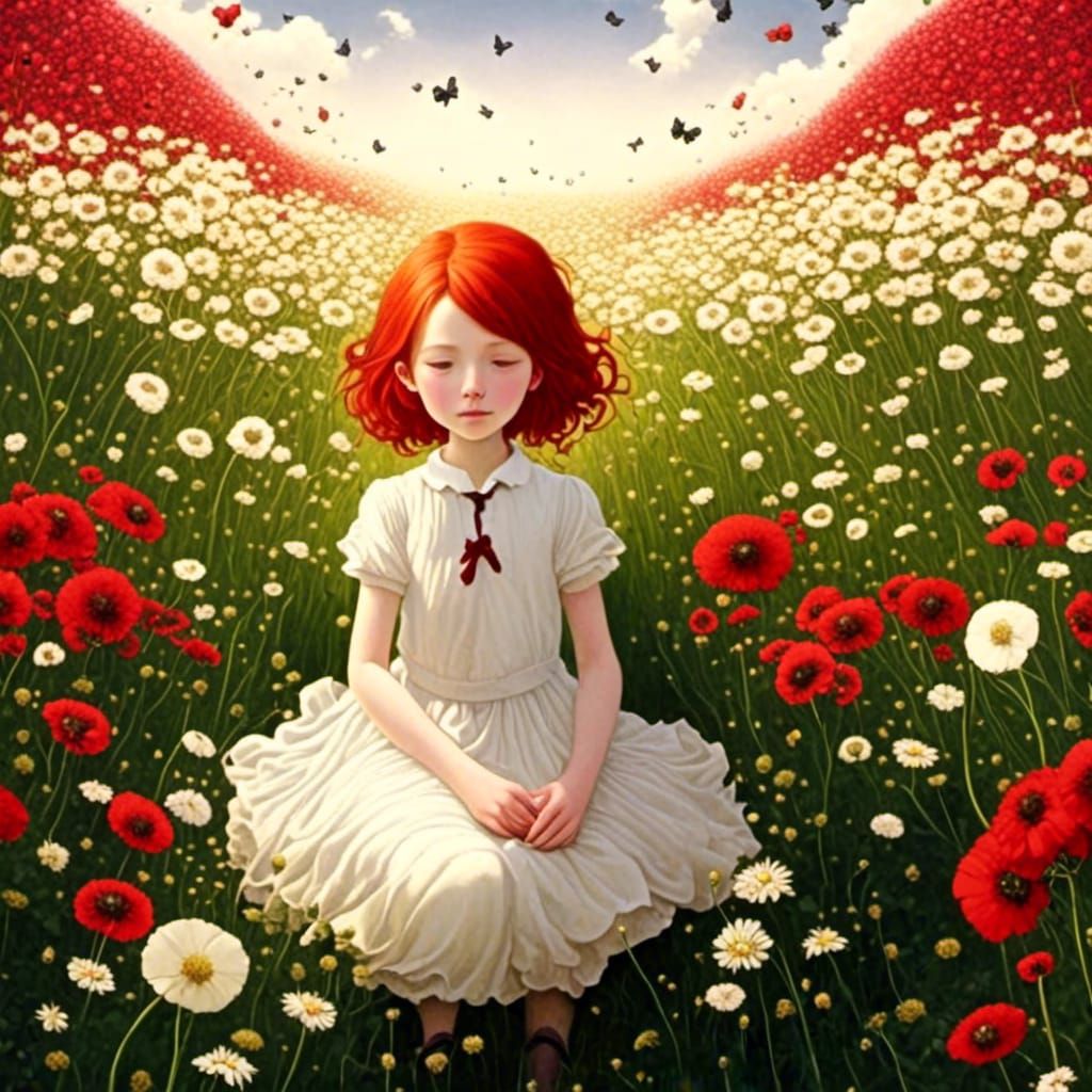 Anime Girl in Flower Field at Golden Hour